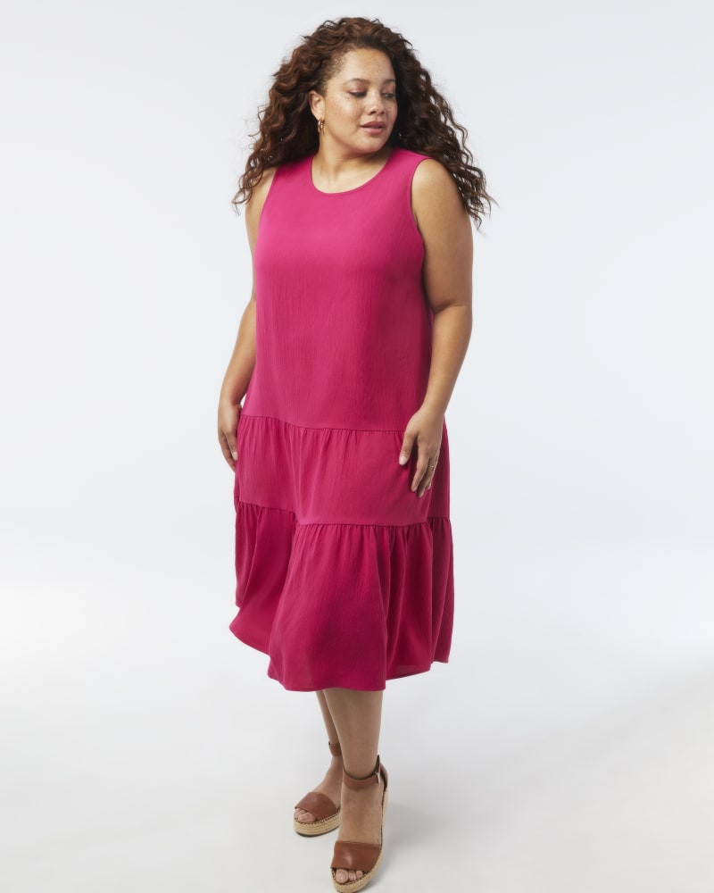 Plus size model with pear body shape wearing Susana Tiered Midi Dress by Chetta B. | Dia&Co | dia_product_style_image_id:157532